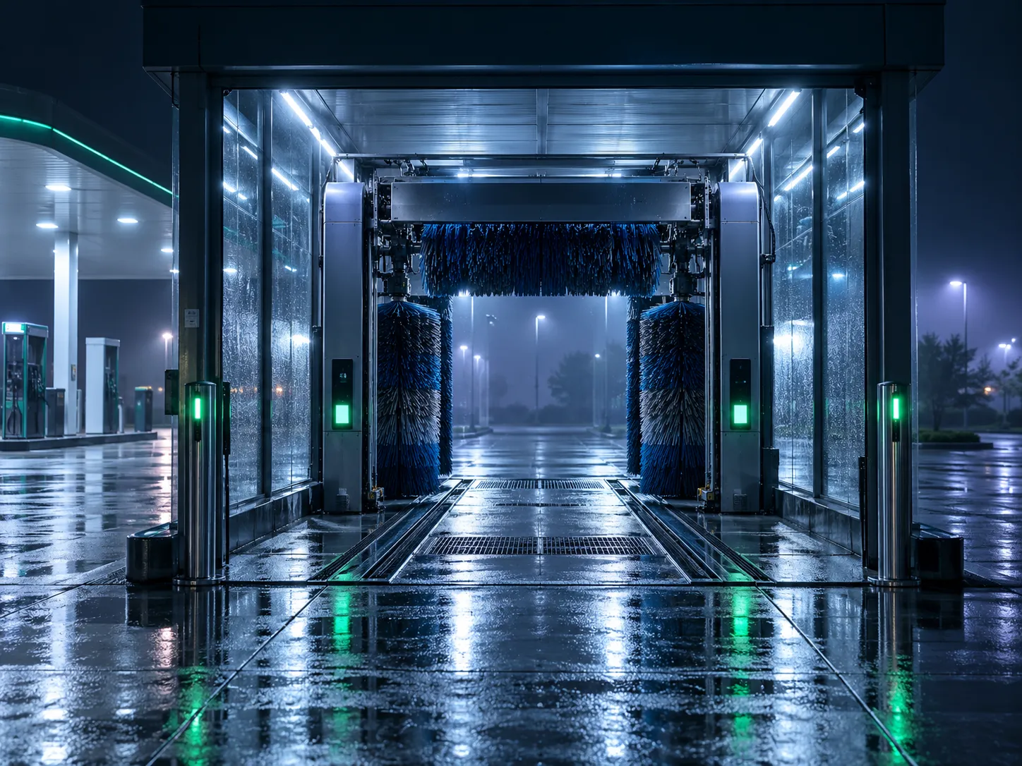 Automātiskā automazgātava degvielas uzpildes stacijā naktī