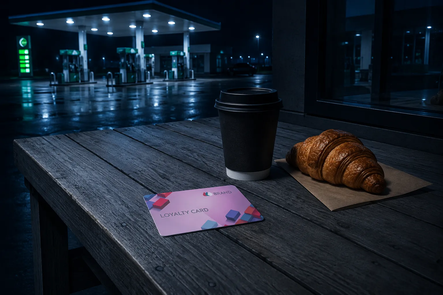 Lojalitātes karte uz galda ar kafiju un konditorejas izstrādājumu