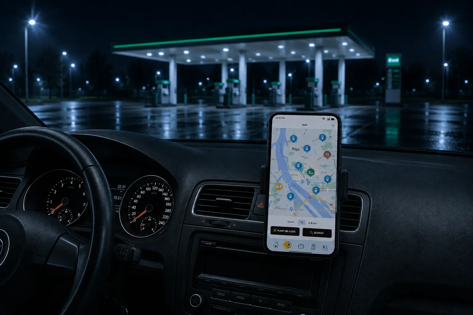 Viedtālrunis ar aplikāciju automašīnā pie uzpildes stacijas
